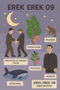 Erek Erek 09 dengan simbol kode alam perampok di tangan polisi dan pohon jambu serta gaya baru musang dan pendeta sebagai petunjuk angka togel