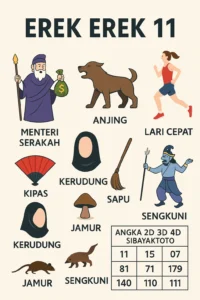 Erek Erek 11 bergambar menteri serakah, anjing, pelari, kipas, kerudung, sapu, jamur dan Sengkuni dengan tabel angka 2D 3D 4D versi SIBAYAKTOTO