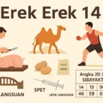 Erek Erek 14 bergambar potong babi, unta, atlet tolak peluru, jembatan, kentang, beras, spet dan tulisan Jaya Langsuan dengan tabel angka 2D 3D 4D versi SIBAYAKTOTO