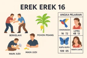 Erek Erek 16 dengan simbol kode alam berkelahi main judi dan pohon pisang serta angka pelarian cendrawasih, lepra, kupu-kupu dan wanita cantik sebagai petunjuk angka togel 2D 3D 4D