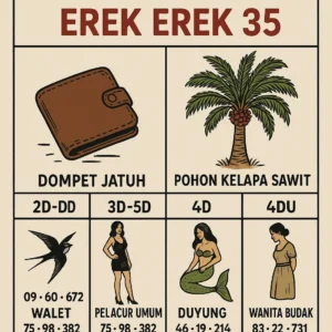 Erek Erek 35 dengan kode alam dompet jatuh dan pohon kelapa sawit serta simbol walet, pelacur umum, duyung dan wanita budak sebagai petunjuk angka togel 2D 3D 4D