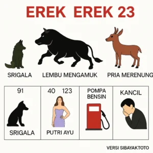 Erek Erek 23 dengan simbol kode alam lembu mengamuk, srigala, buaya, putri ayu, pompa bensin, kancil dan pria merenung sebagai petunjuk angka togel 2D 3D 4D