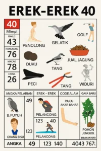 Erek Erek 40 bergambar pelancong, penolong, burung gelatik, golf, duku, jual jagung, peci, tang, Widuri dan tabel angka 2D 3D 4D versi SIBAYAKTOTO