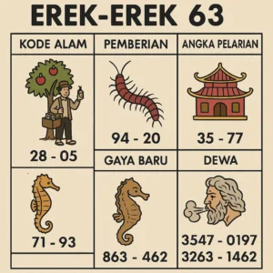 Erek Erek 63 dengan kode alam pedagang obat jalanan dan pohon apel serta angka pelarian klabang dan klenteng, gaya baru kuda laut dan dewa angin sebagai petunjuk angka togel 2D 3D 4D.