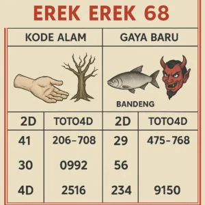 Erek Erek 68 dengan kode alam tangan terpotong dan pohon luwi serta gaya baru bandeng dan setan sebagai petunjuk angka togel 2D 3D 4D TOTO4D versi SIBAYAKTOTO.